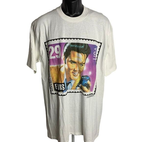 Vintage 90s Elvis Stamp Crewneck T Shirt XL White Single Stitch Short Sleeves - Picture 1 of 8